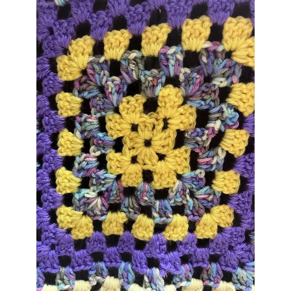 Crochet Afghan Purple Yellow Granny Blanket Cottagecore Lap Throw 48x40 Handmade
